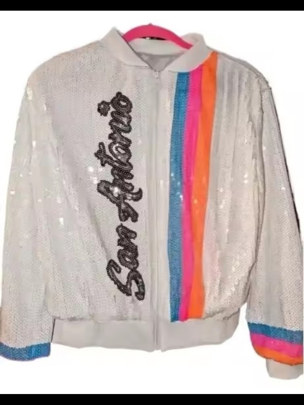 White Sequined San Antonio Spurs Front Zip Jacket with Spurs Logo On Back